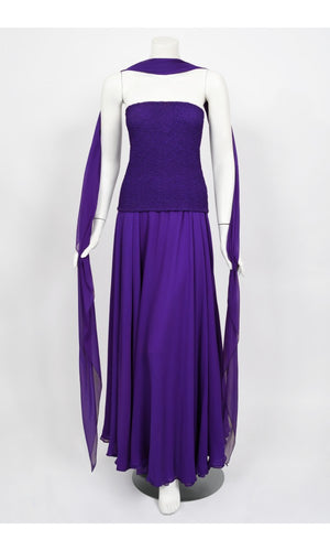 1970's Halston Couture Purple Silk Strapless Tube-Top Maxi Dress Set
