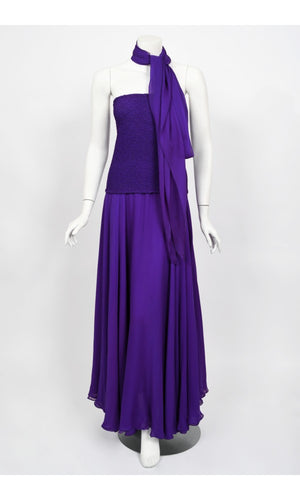 1970's Halston Couture Purple Silk Strapless Tube-Top Maxi Dress Set