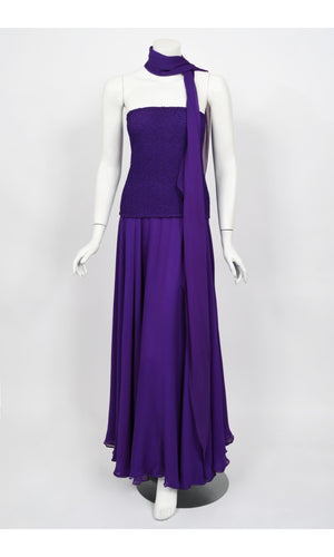 1970's Halston Couture Purple Silk Strapless Tube-Top Maxi Dress Set