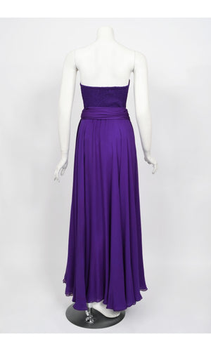 1970's Halston Couture Purple Silk Strapless Tube-Top Maxi Dress Set