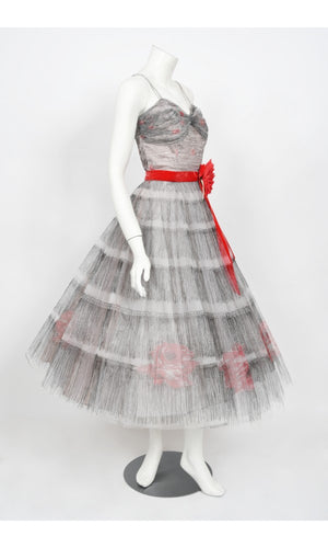 1950's Emma Domb Red Roses Illusion Print Tulle Full-Skirt Party Dress