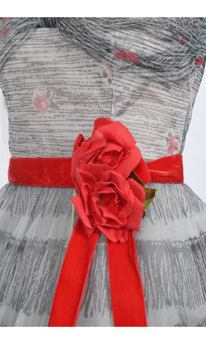 1950's Emma Domb Red Roses Illusion Print Tulle Full-Skirt Party Dress