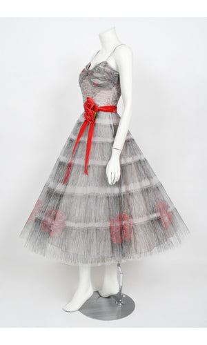 1950's Emma Domb Red Roses Illusion Print Tulle Full-Skirt Party Dress