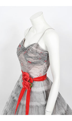 1950's Emma Domb Red Roses Illusion Print Tulle Full-Skirt Party Dress