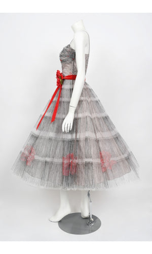 1950's Emma Domb Red Roses Illusion Print Tulle Full-Skirt Party Dress