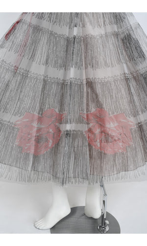 1950's Emma Domb Red Roses Illusion Print Tulle Full-Skirt Party Dress