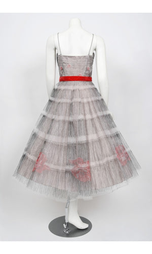1950's Emma Domb Red Roses Illusion Print Tulle Full-Skirt Party Dress