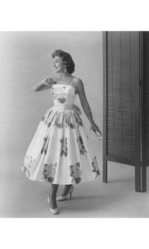 1950's Emma Domb Red Roses Illusion Print Tulle Full-Skirt Party Dress