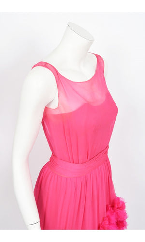 1950's Ceil Chapman Pink Silk Chiffon Floral Appliqué Cocktail Dress