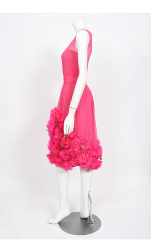 1950's Ceil Chapman Pink Silk Chiffon Floral Appliqué Cocktail Dress