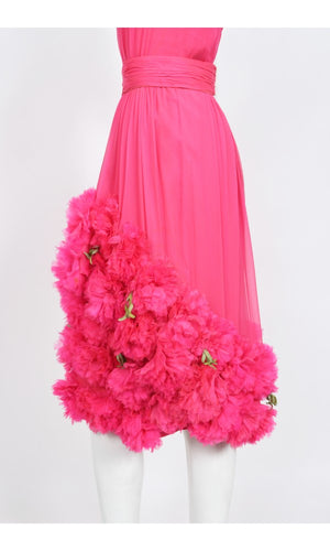 1950's Ceil Chapman Pink Silk Chiffon Floral Appliqué Cocktail Dress