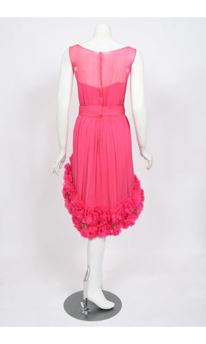 1950's Ceil Chapman Pink Silk Chiffon Floral Appliqué Cocktail Dress