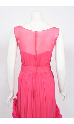 1950's Ceil Chapman Pink Silk Chiffon Floral Appliqué Cocktail Dress