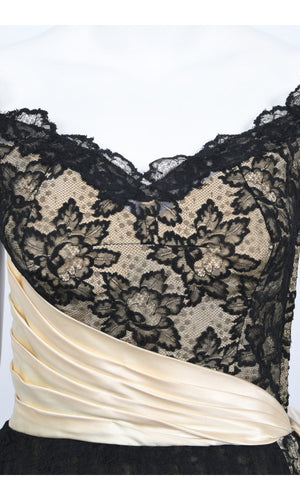 1950's Pauline Trigère Black Lace & Ivory Satin Illusion Off-Shoulder ‘New Look’ Party Dress