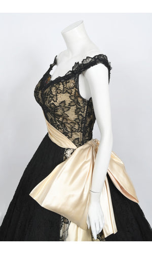 1950's Pauline Trigère Black Lace & Ivory Satin Illusion Off-Shoulder ‘New Look’ Party Dress