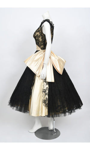 1950's Pauline Trigère Black Lace & Ivory Satin Illusion Off-Shoulder ‘New Look’ Party Dress