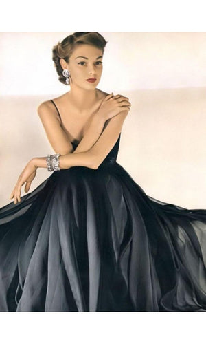 1950's Pauline Trigère Black Lace & Ivory Satin Illusion Off-Shoulder ‘New Look’ Party Dress