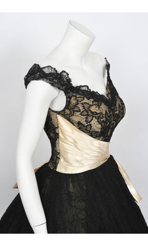 1950's Pauline Trigère Black Lace & Ivory Satin Illusion Off-Shoulder ‘New Look’ Party Dress