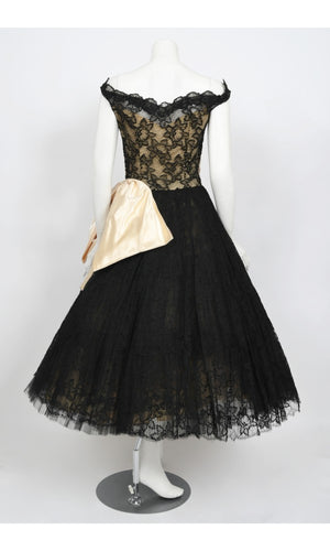 1950's Pauline Trigère Black Lace & Ivory Satin Illusion Off-Shoulder ‘New Look’ Party Dress