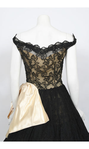 1950's Pauline Trigère Black Lace & Ivory Satin Illusion Off-Shoulder ‘New Look’ Party Dress