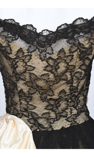 1950's Pauline Trigère Black Lace & Ivory Satin Illusion Off-Shoulder ‘New Look’ Party Dress