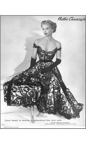 1950's Pauline Trigère Black Lace & Ivory Satin Illusion Off-Shoulder ‘New Look’ Party Dress