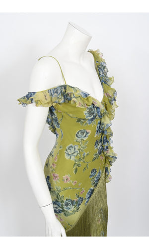 2000 Christian Dior by Galliano Green Floral Silk Fringed Bias-Cut Dress