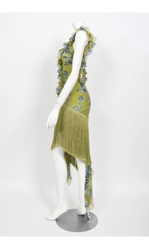 2000 Christian Dior by Galliano Green Floral Silk Fringed Bias-Cut Dress