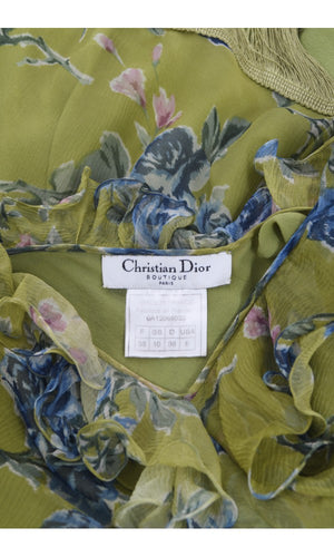2000 Christian Dior by Galliano Green Floral Silk Fringed Bias-Cut Dress