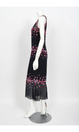 1997 Chanel by Karl Lagerfeld Runway Beaded Blue Semi-Sheer Silk Dress