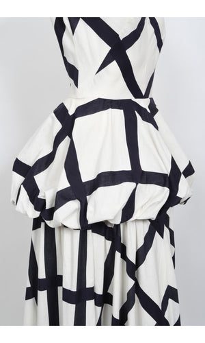 1940's Ceil Chapman Windowpane Print White Cotton Peplum Full-Skirt Gown