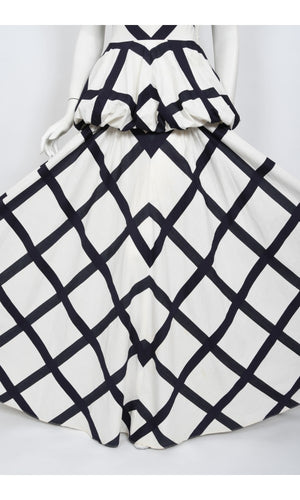 1940's Ceil Chapman Windowpane Print White Cotton Peplum Full-Skirt Gown