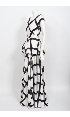1940's Ceil Chapman Windowpane Print White Cotton Peplum Full-Skirt Gown