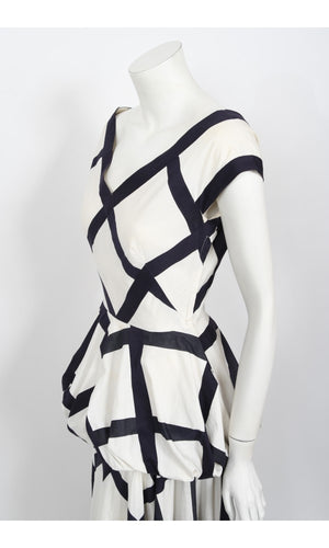 1940's Ceil Chapman Windowpane Print White Cotton Peplum Full-Skirt Gown