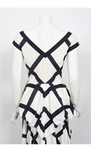 1940's Ceil Chapman Windowpane Print White Cotton Peplum Full-Skirt Gown