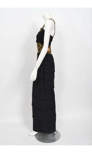 1940s Metallic Gold Embroidered Beaded Black Crepe Tiered Hourglass Gown