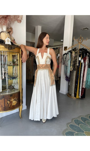 1950's Lanvin Castillo Couture Metallic Embroidered Ivory Linen Gown Set