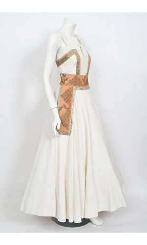 1950's Lanvin Castillo Couture Metallic Embroidered Ivory Linen Gown Set