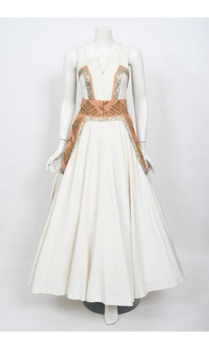 1950's Lanvin Castillo Couture Metallic Embroidered Ivory Linen Gown Set