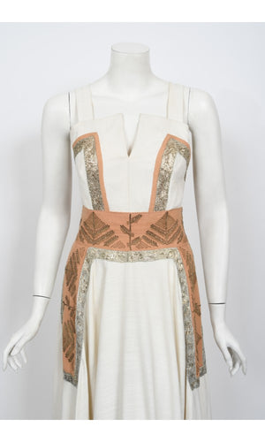1950's Lanvin Castillo Couture Metallic Embroidered Ivory Linen Gown Set