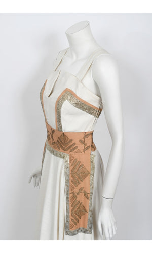 1950's Lanvin Castillo Couture Metallic Embroidered Ivory Linen Gown Set