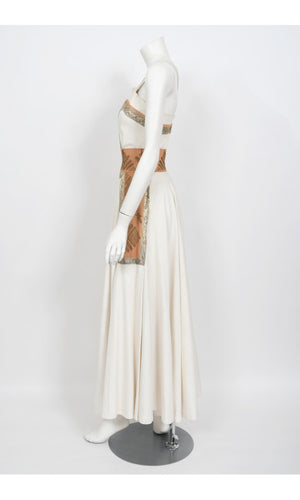 1950's Lanvin Castillo Couture Metallic Embroidered Ivory Linen Gown Set