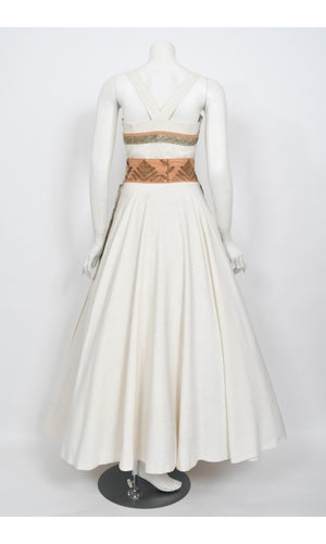 1950's Lanvin Castillo Couture Metallic Embroidered Ivory Linen Gown Set