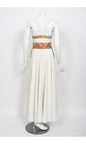 1950's Lanvin Castillo Couture Metallic Embroidered Ivory Linen Gown Set