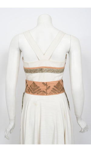 1950's Lanvin Castillo Couture Metallic Embroidered Ivory Linen Gown Set
