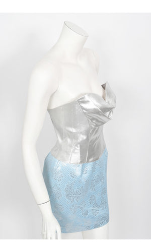 1992 Thierry Mugler Couture Metallic Silver Blue Bustier Mini Skirt Suit