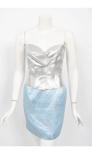 1992 Thierry Mugler Couture Metallic Silver Blue Bustier Mini Skirt Suit