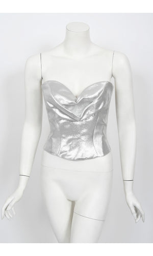 1992 Thierry Mugler Couture Metallic Silver Blue Bustier Mini Skirt Suit