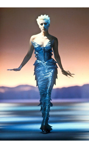 1992 Thierry Mugler Couture Metallic Silver Blue Bustier Mini Skirt Suit