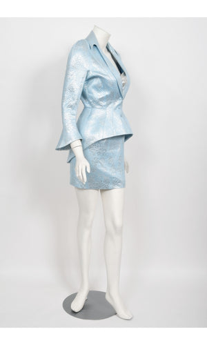 1992 Thierry Mugler Couture Metallic Silver Blue Bustier Mini Skirt Suit